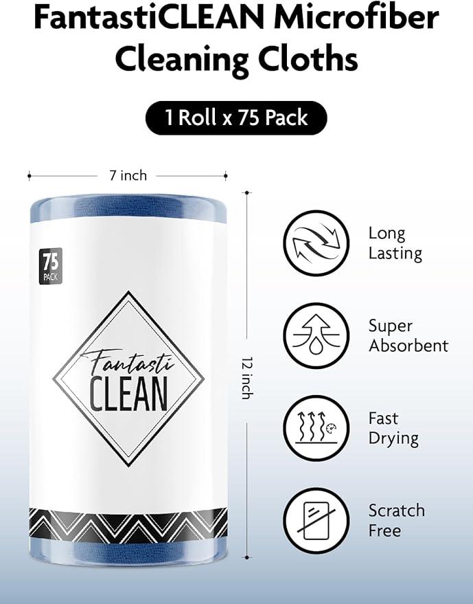 Fantasticlean Microfiber Cleaning Cloth Roll -75 Pack, Tear Away Microfiber Towels, 12