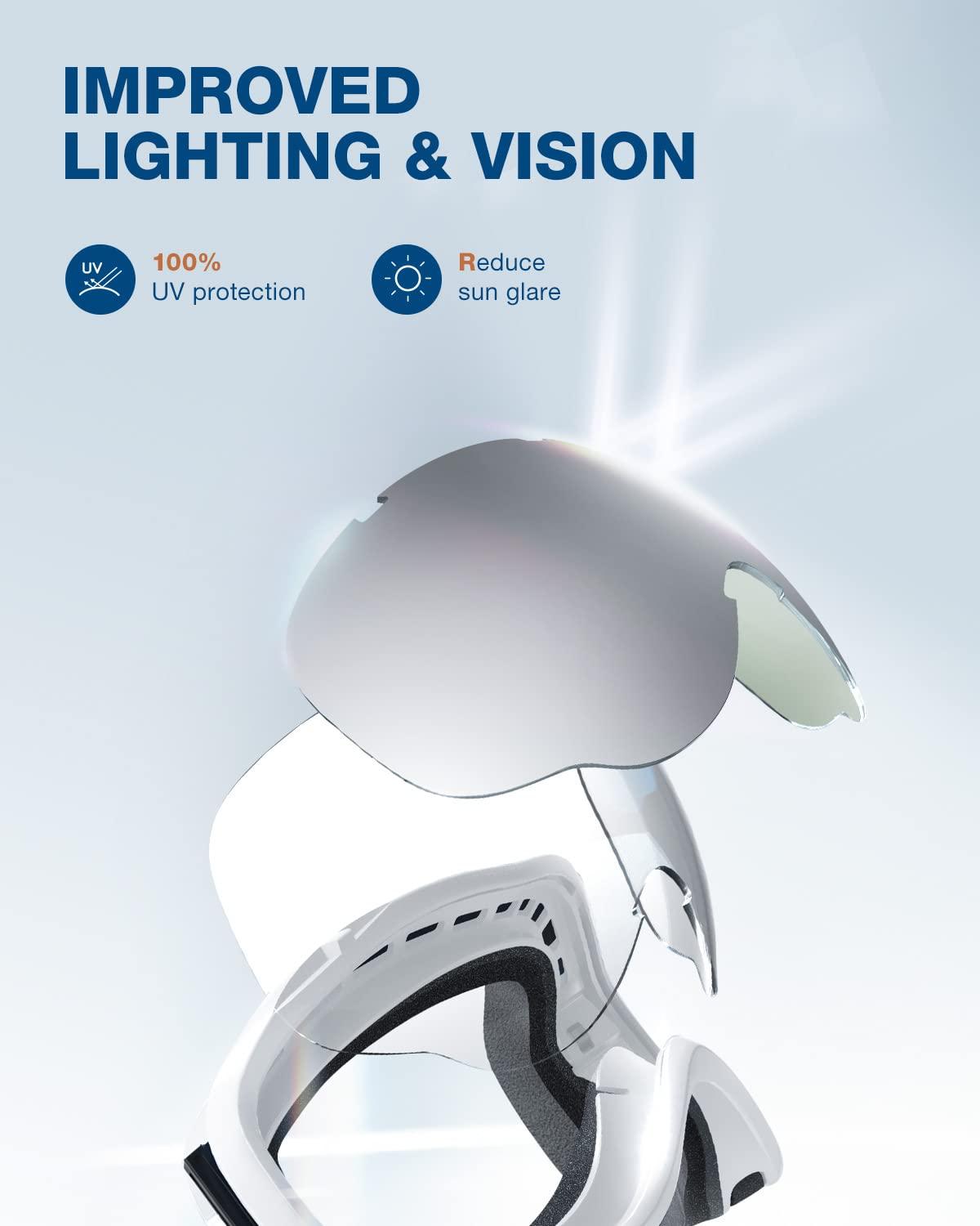 ZIONOR Lagopus Ski Snowboard Goggles, White Frame, Silver Lens