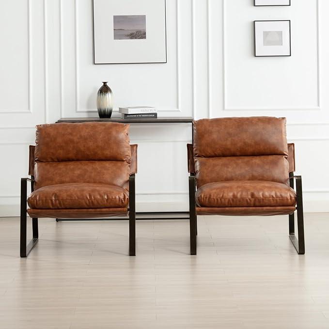DUOMAY Mid-Century Accent Chairs Set of 2, Comfy PU Leather Leisure Chairs Lazy Chairs with Brozen Metal Leg for Living Room Bedroom Office Apartment, Brown