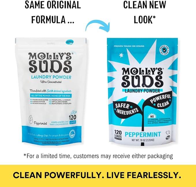 Molly's Suds Original Laundry Detergent Powder | Clean Laundry Detergent Powder for Sensitive Skin | Simple, Effective Ingredients, Stain Fighting | 120 Load (Peppermint)
