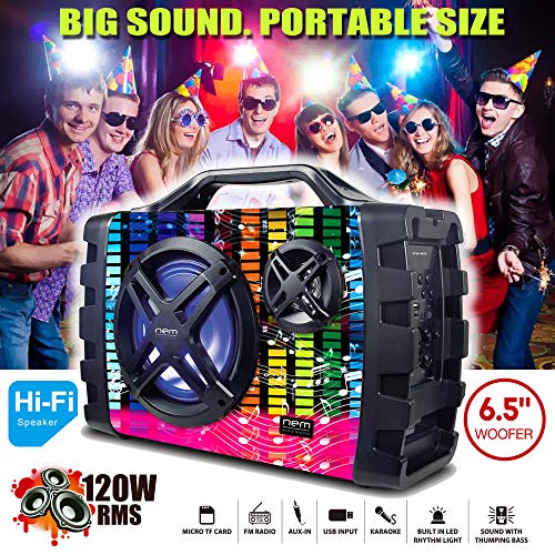 NEM Stereo Boombox with Bluetooth, LED Lights, NFC, USB, AUX-In, Radio, MP3 & Mic/Guitar Input