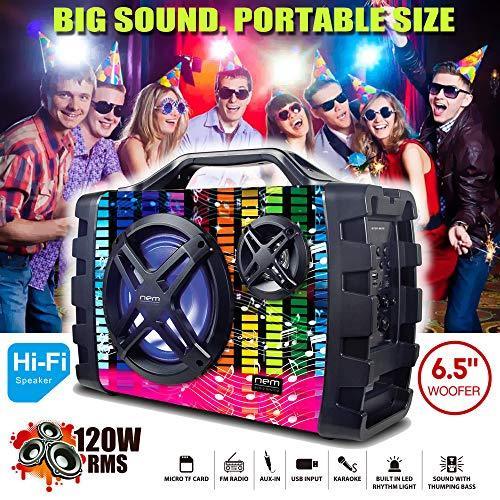 NEM Stereo Boombox with Bluetooth, LED Lights, NFC, USB, AUX-In, Radio, MP3 & Mic/Guitar Input - Gifts for You 'n Me
