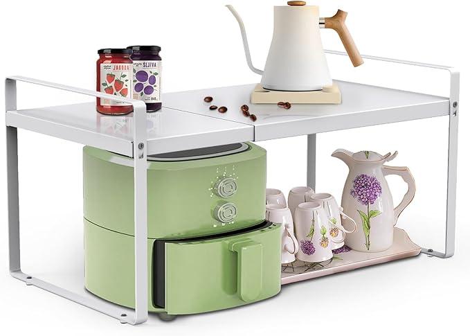 11'' Wide Expandable Cabinet Shelf Organizer Rack Adjustable Length 14''-26'' Pantry Shelf Spice Rack Heavy Duty Nonslip Kitchen Counter Storage Shelves Pantry Cupboard Under Sink Countertop White