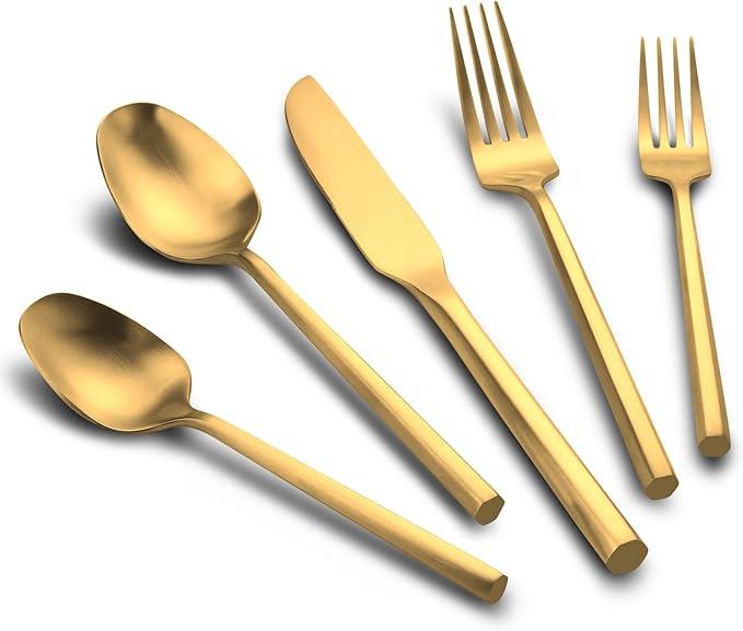 40-Piece Matte Gold Silverware Set, Hand Forged Utensil, Stainless Steel Flatware Set, Hexagon Handle Cutlery Set for Home Hotel Use, Service for 8