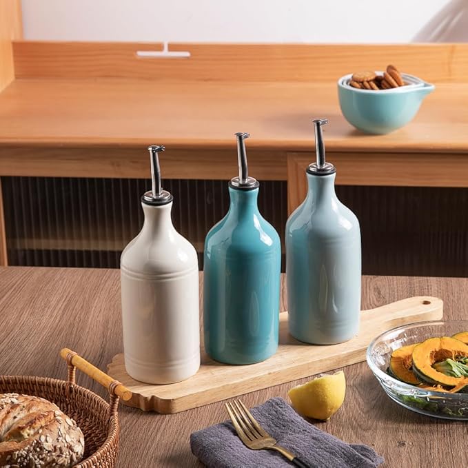 Sweejar Ceramic Olive Oil Dispenser Bottle, Opaque Oil Cruet Protects Oil to Reduce Oxidation, Suitable for Storage Oil, Vinegar, Coffee Syrups & Other Liquids, Pack of 1, 15.5 Fl Oz (Beige)