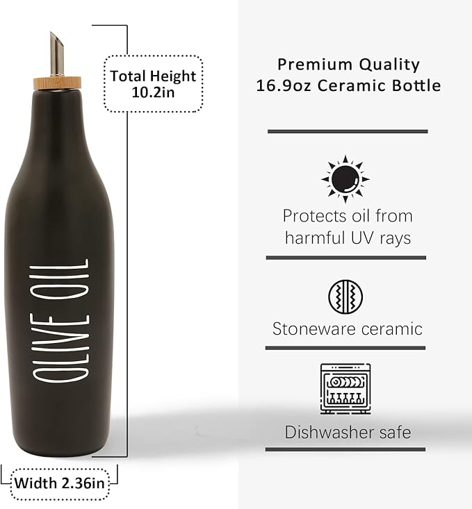 HOMCDALY Ceramic Olive Oil Dispenser for Kitchen, Stoneware 16oz Oil Cruet and Vinegar Bottles Dispenser, Kitchen Dispenser Bottle for EVOO Vinegar Syrups, Modern Farmhouse Design(B-O)