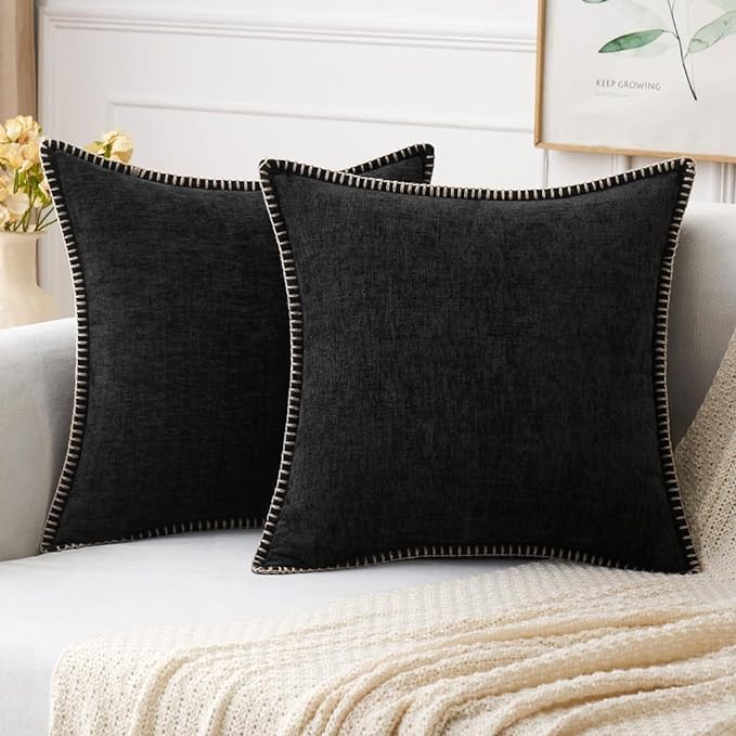 MIULEE Pack of 2 Couch Throw Pillow Covers 20x20 Inch Black Farmhouse Decorative Pillow Covers with Stitched Edge Soft Chenille Solid Dyed Spring Pillow Covers for Sofa Bed Living Room