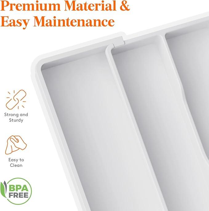 Lifewit Utensil Organizer for Kitchen Drawers, Expandable from 13‘’ to 22.4'', 15'' Depth, Plastic Cutlery Silverware Flatware Holder, Spatula Tools and Gadgets Storage, Large, White