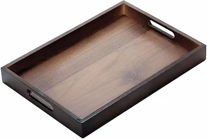 Large Bamboo Wooden Tray with Handles, Rectangular Natural Solid Wood, Black Walnut Color Serving Tray Suitable for Kitchen,Bedroom,Coffee, Party Bars. (14.9x10.2x1.57 inches)
