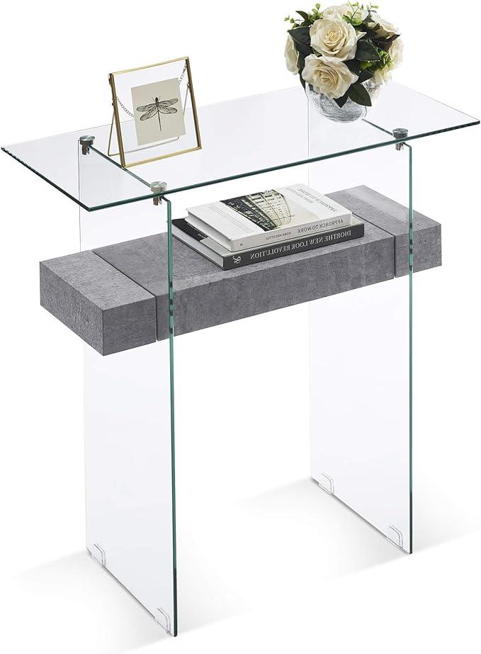 ivinta Narrow Glass Console Table with Storage, 31.5'' Modern Entryway Table with Storage Shelves for Living Room, Hallway, Foyer, Bedroom 5103 (Gray)