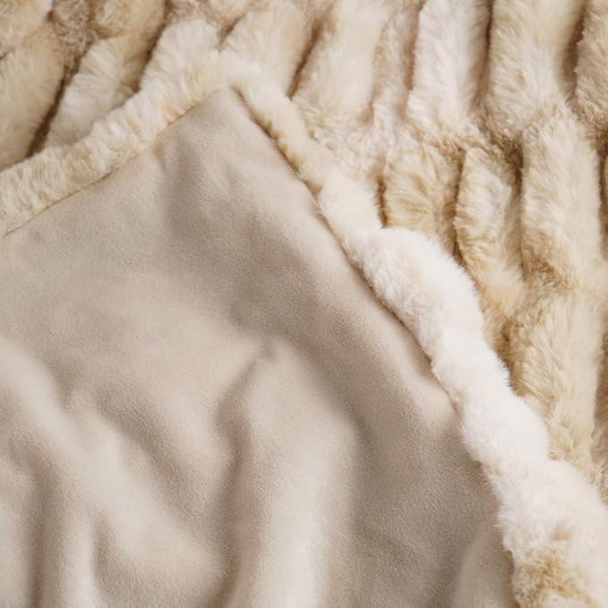 BATTILO HOME Ruched Luxury Faux Fur Throw Blanket Beige Tie-dye Rabbit Fur Blanket for Couch, Living Room, Fuzzy, Soft, Plush, Cozy, Elegant with Reversible Mink Blanket Beige, 60