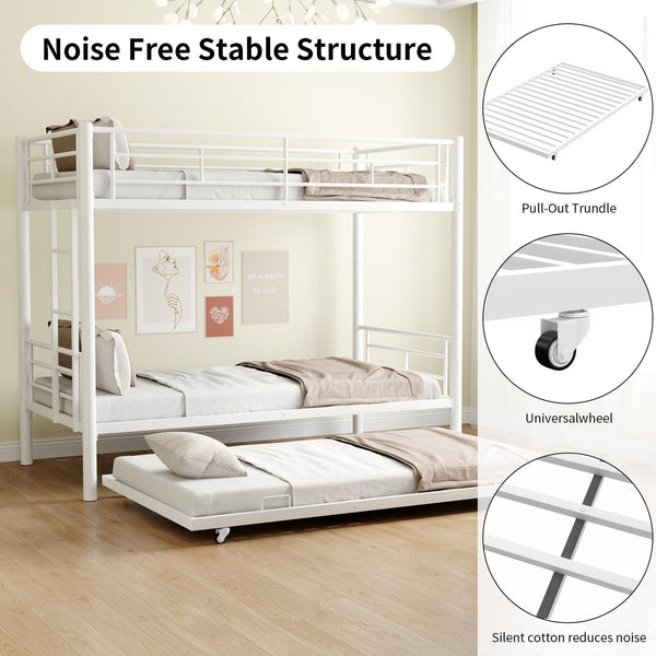 Heavy-duty Sturdy Meta Twin over Twin with Trundle Bunk Bed/l/ Noise Reduced/ Safety Guardrail/No Box Spring Needed,White
