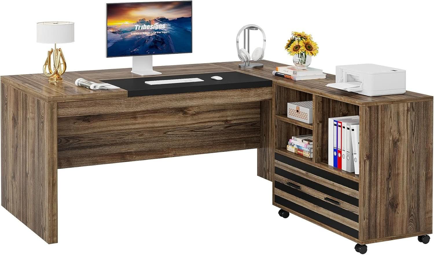 62.2 Inch L Shaped Desk With Mobile File Cabinet Brown