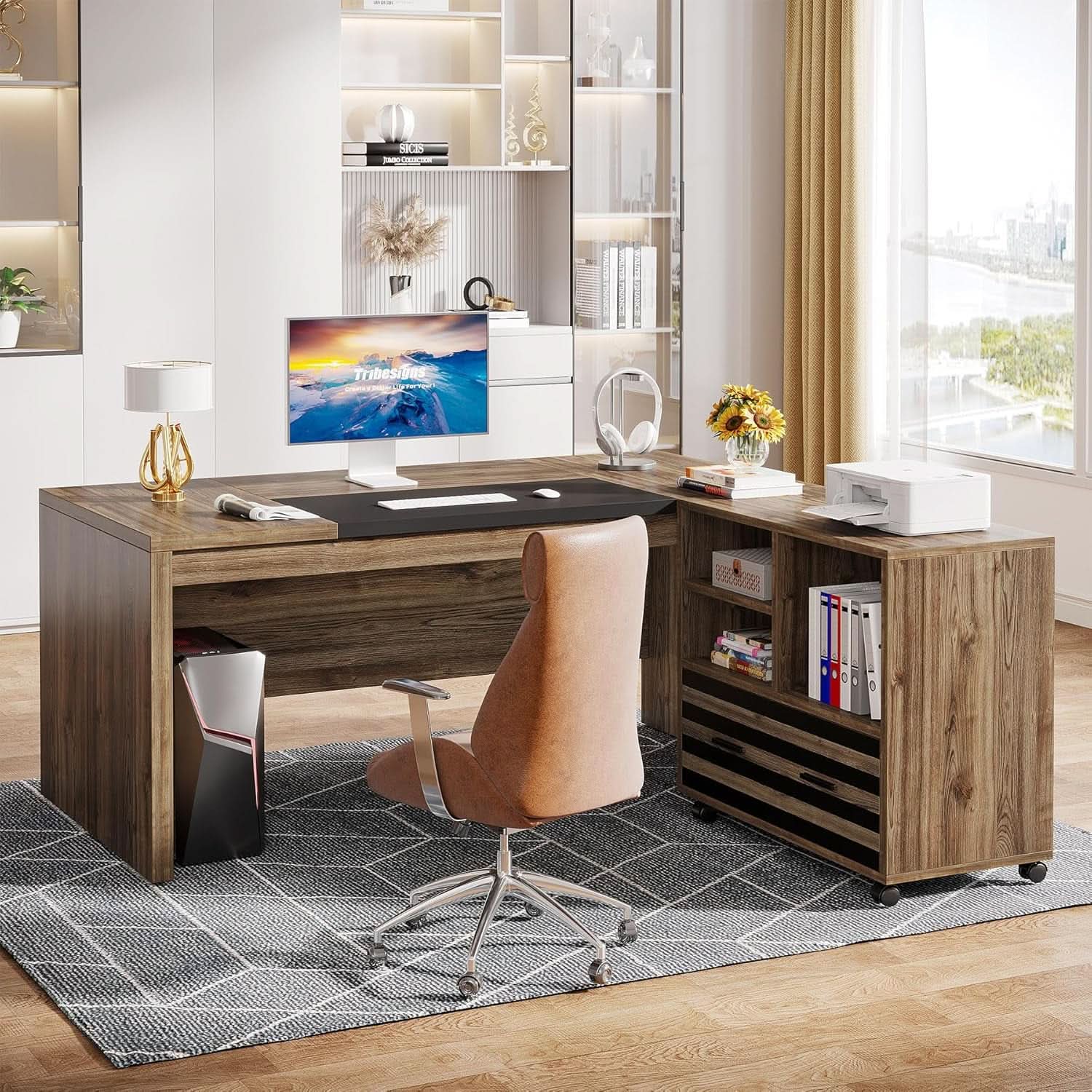 62.2 Inch L Shaped Desk With Mobile File Cabinet Brown