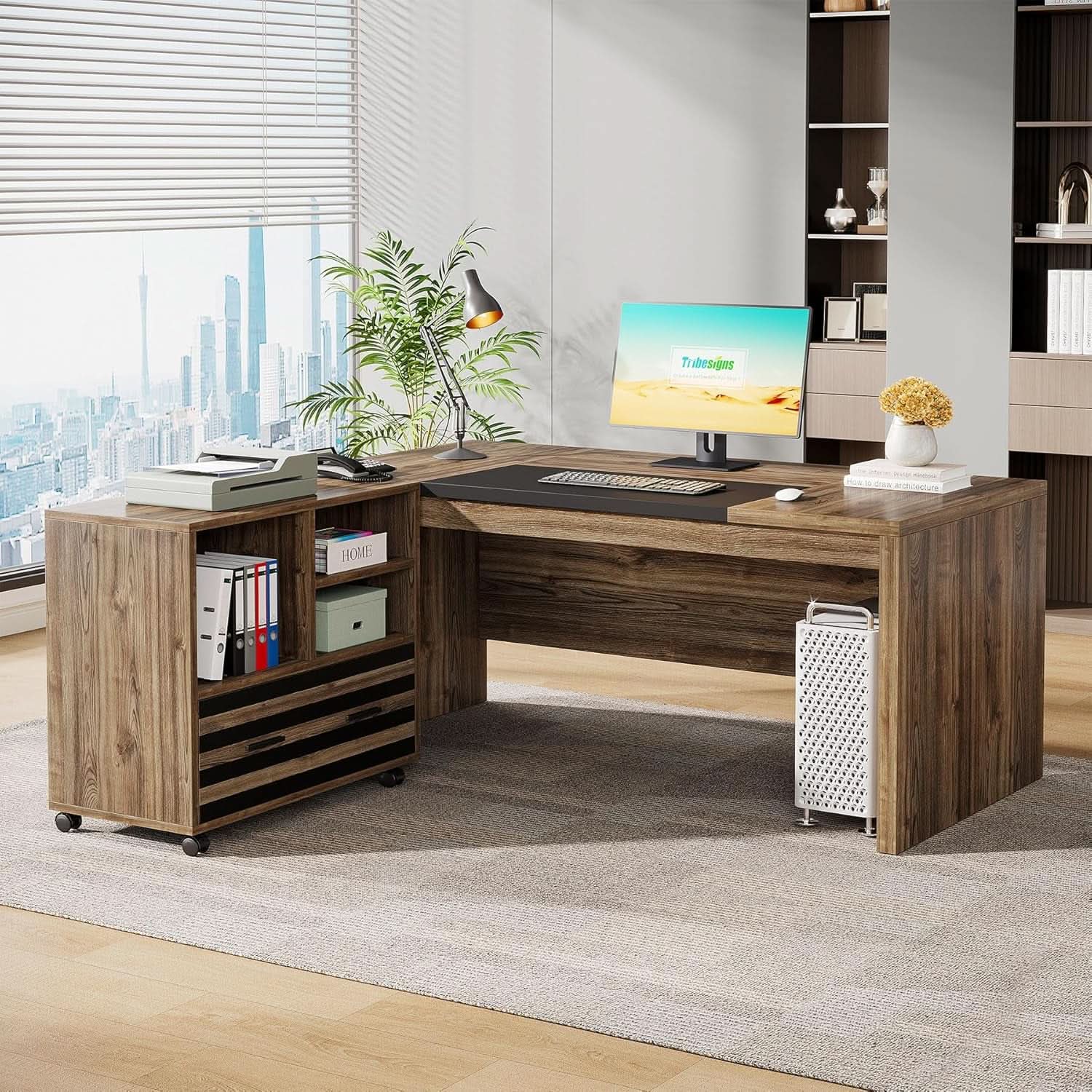 62.2 Inch L Shaped Desk With Mobile File Cabinet Brown