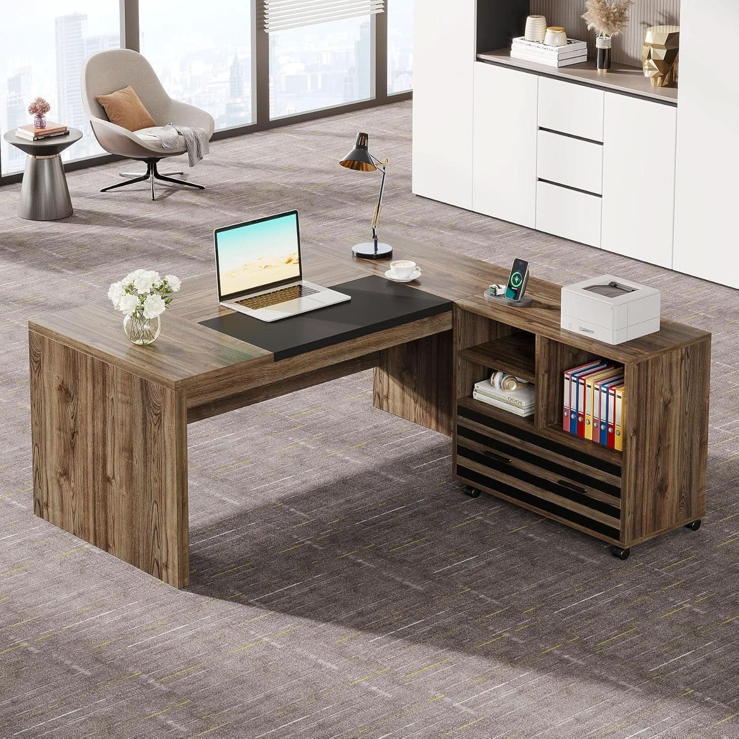 62.2 Inch L Shaped Desk With Mobile File Cabinet Brown