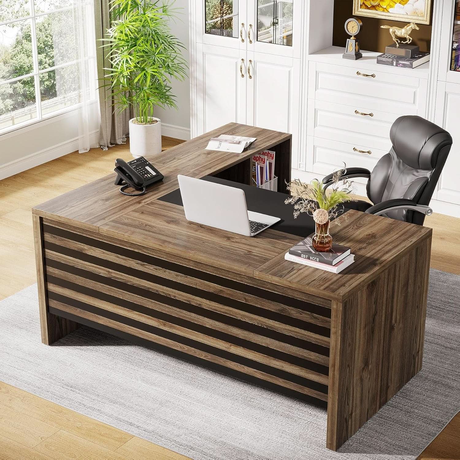 62.2 Inch L Shaped Desk With Mobile File Cabinet Brown