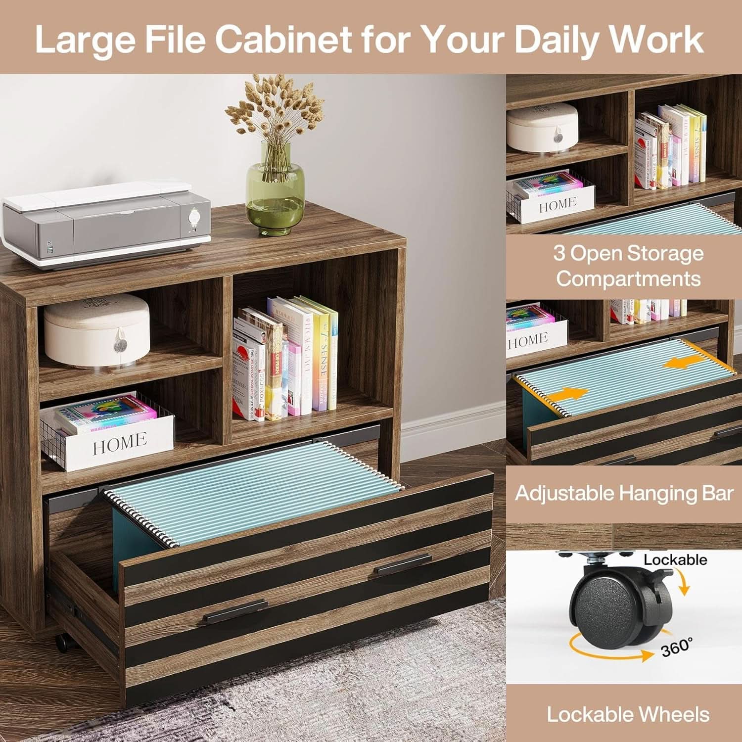 62.2 Inch L Shaped Desk With Mobile File Cabinet Brown