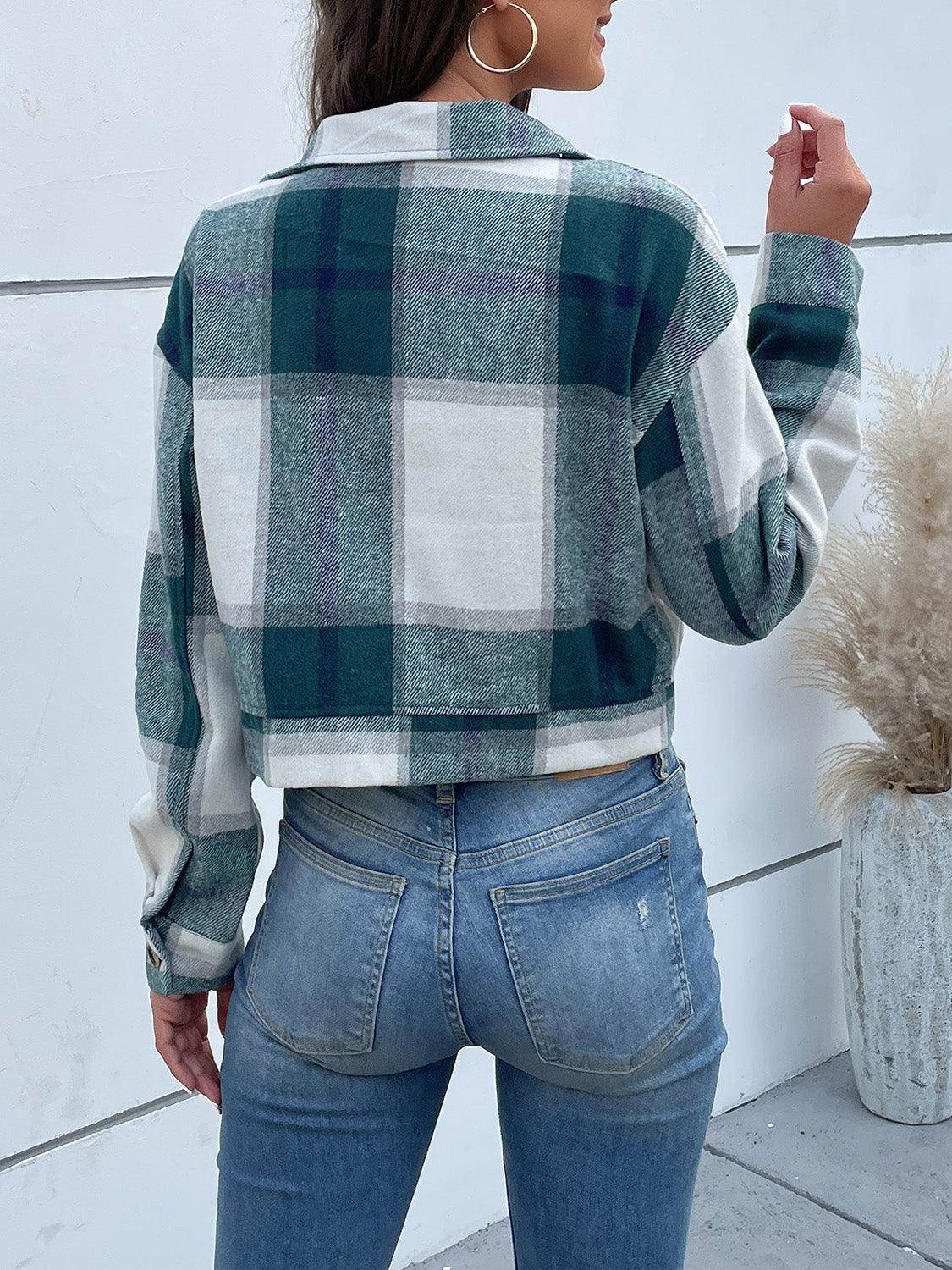 Perfee Plaid Button Up Drop Shoulder Cropped Jacket for Women