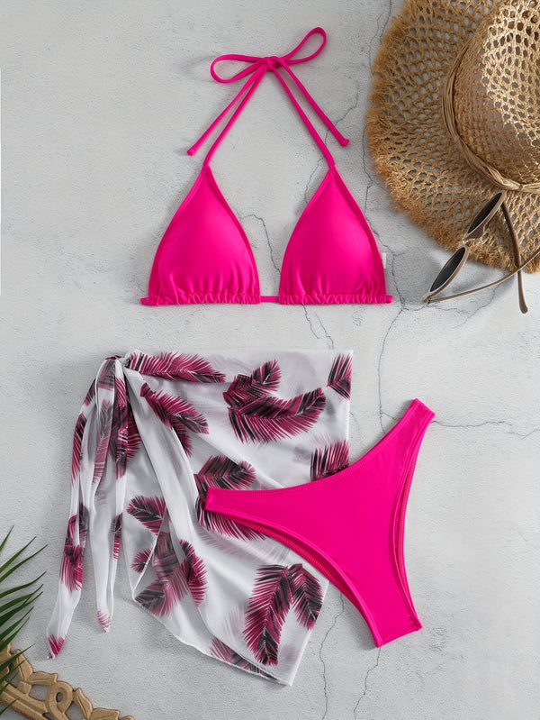 Feather Luxe 3-Piece Bikini Set – Exotic Feather Print Halter Neck Backless Swimsuit with High Cut Tie Back Bottoms and Wrap Cover-Up – Women’s High-Stretch Comfortable Swimwear for Summer Beach & Pool Vacations