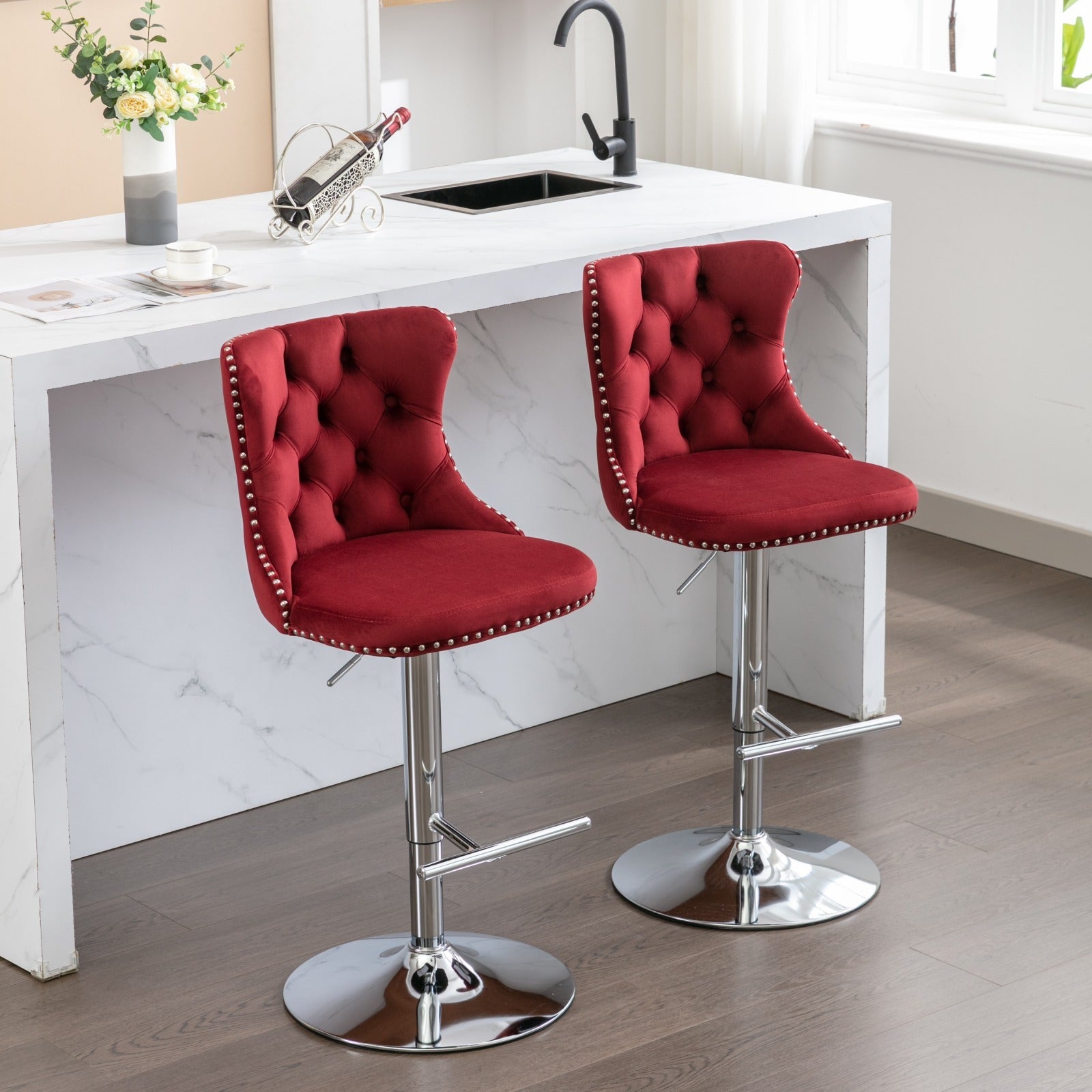 Modern Velvet Swivel Barstools with Adjustable Seat Height and Chrome Base