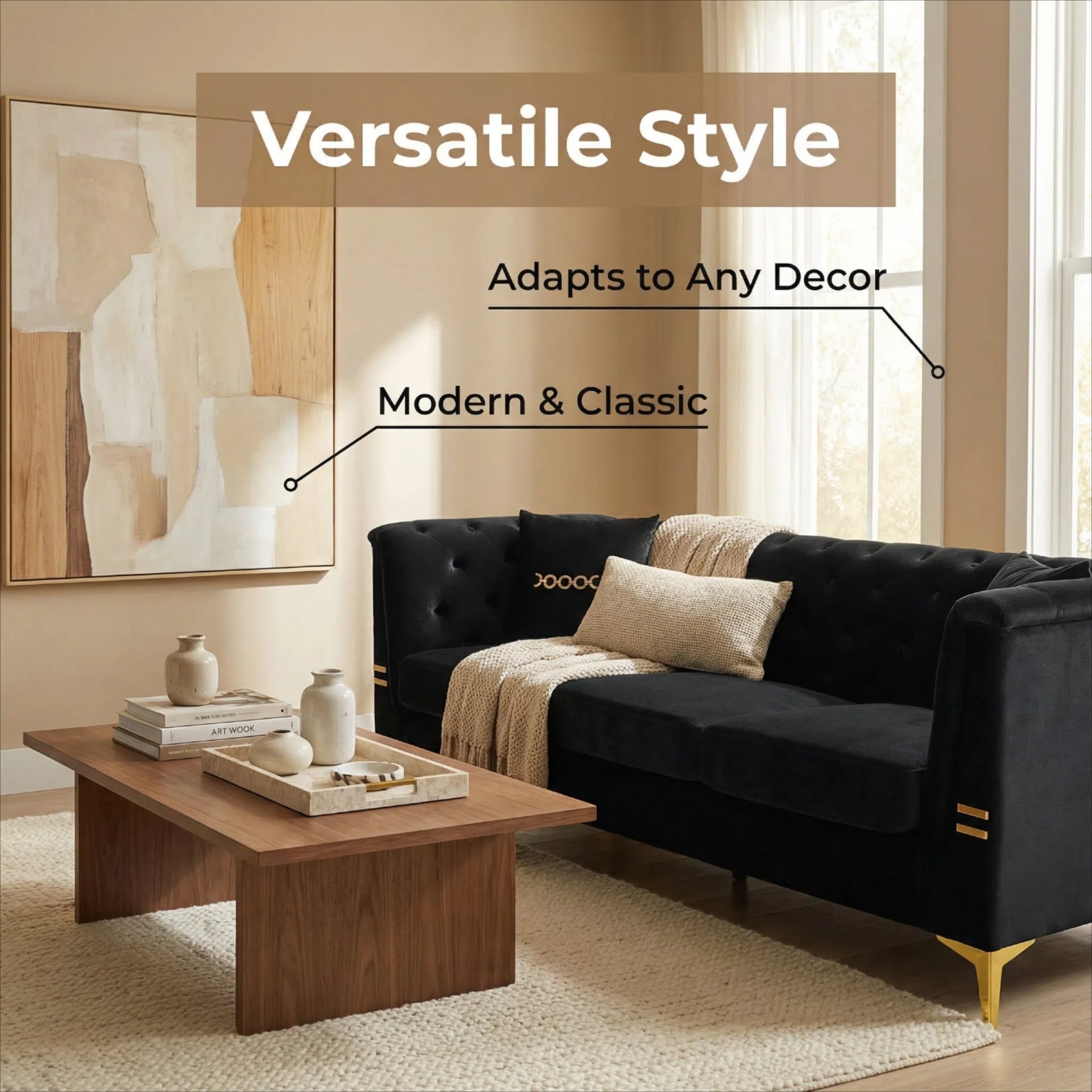 Black Velvet 3‑Seat Sofa