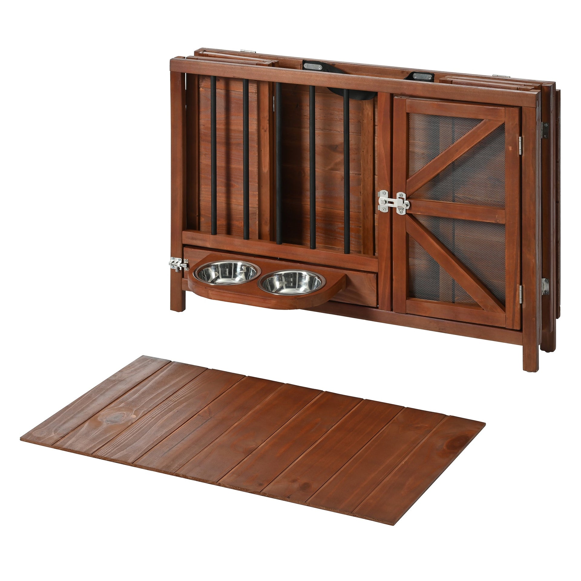 Solid Wood Foldable Dog Crate Furniture with 360° Rotating Feeder and Removable Tray