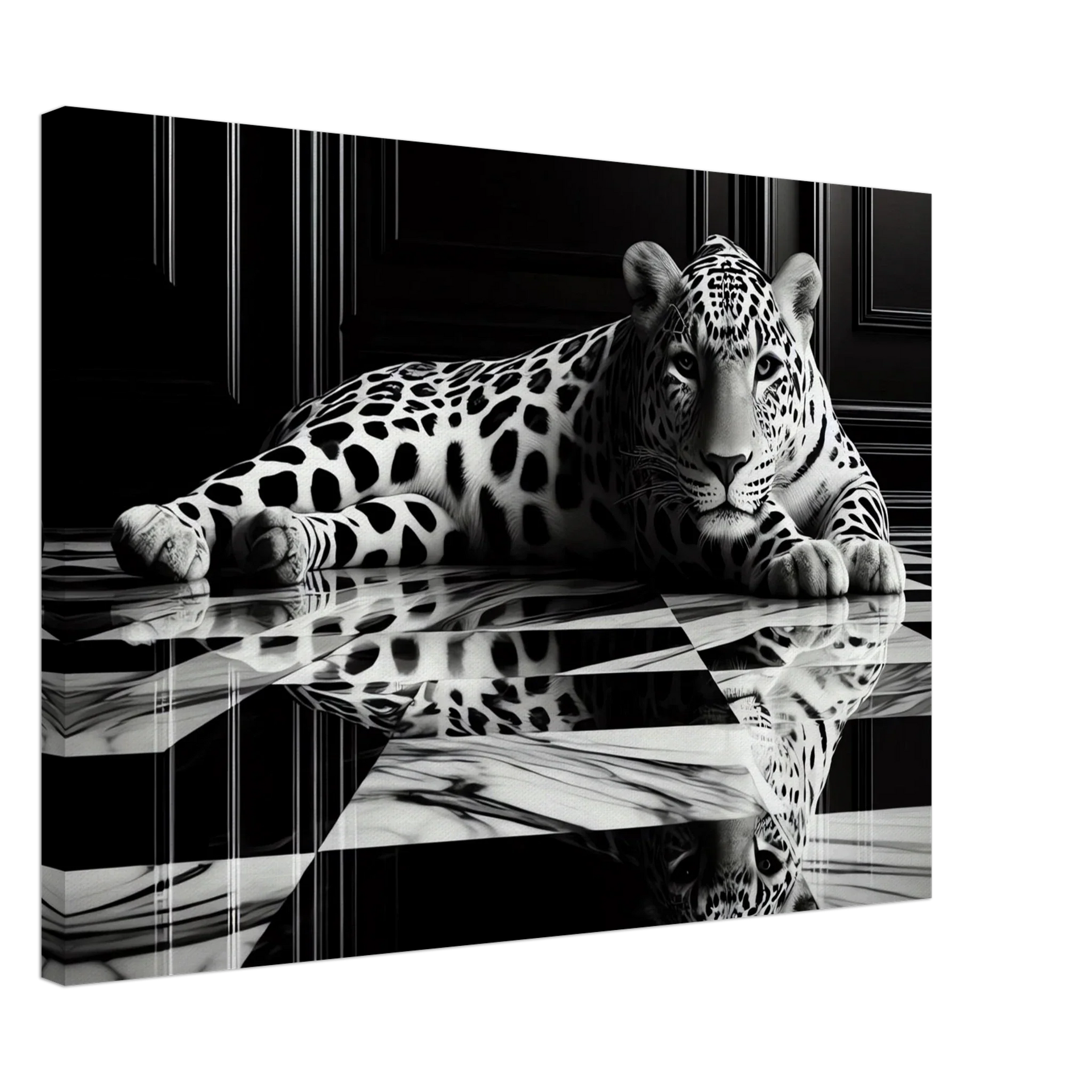 Leopard Canvas Art Print – Striking Design on Black & White Checkered Marble Floor