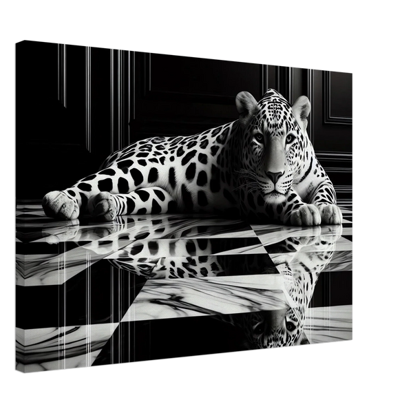 Leopard Canvas Art Print – Striking Design on Black & White Checkered Marble Floor