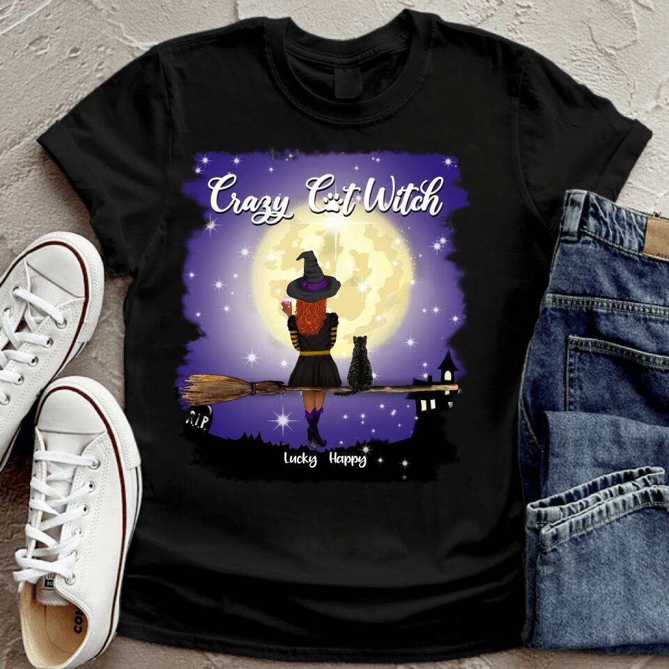 Personalized Witchy T-shirt - Girl With Up To 3 Pets - Crazy Cat Witch - OCEL9Z