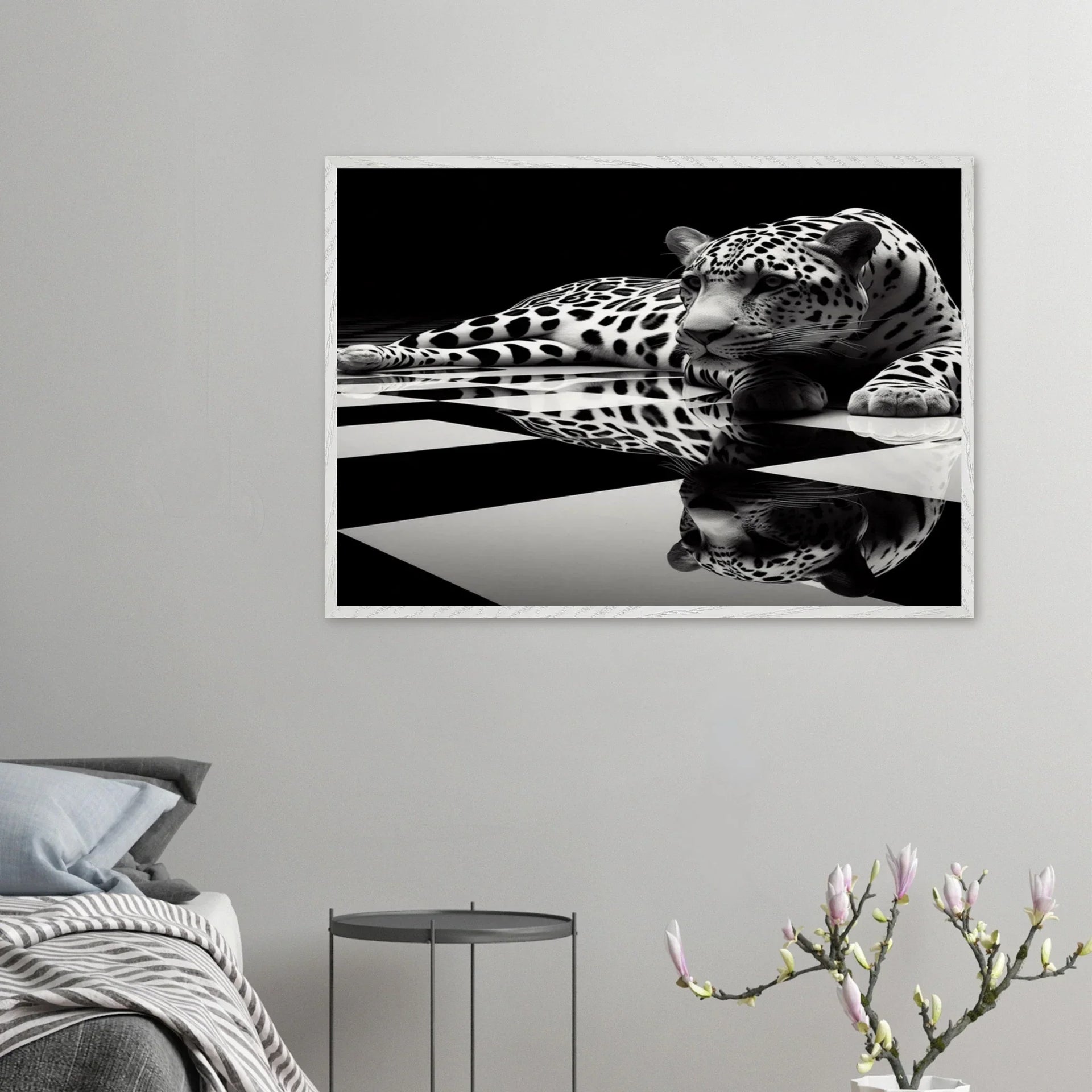 Leopard Black and White Mounted Framed Poster – Premium Oak or Ash Frame