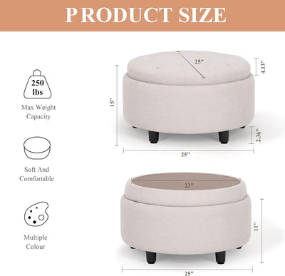 Beige Polyester Circular Storage Ottoman With Tray