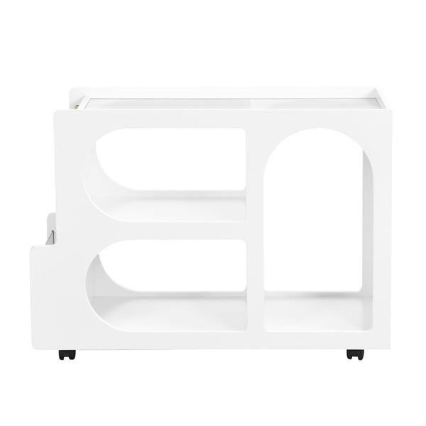 Stylish mobile desk with lockable wheels, white bedside table with 5mm thick grooved tempered glass and gold round bars