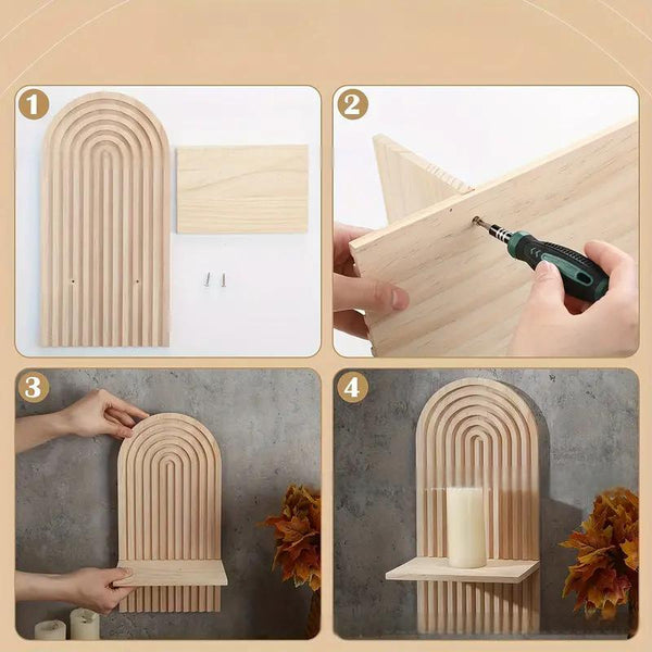 Bohemian style wooden arched wall hanging double layered candlestick vase suitable for decorating living room and bedroom walls