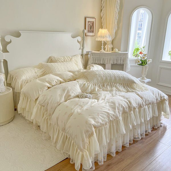 Lace rose embroidery all cotton four piece set pure cotton bed with cotton clip bed skirt duvet cover