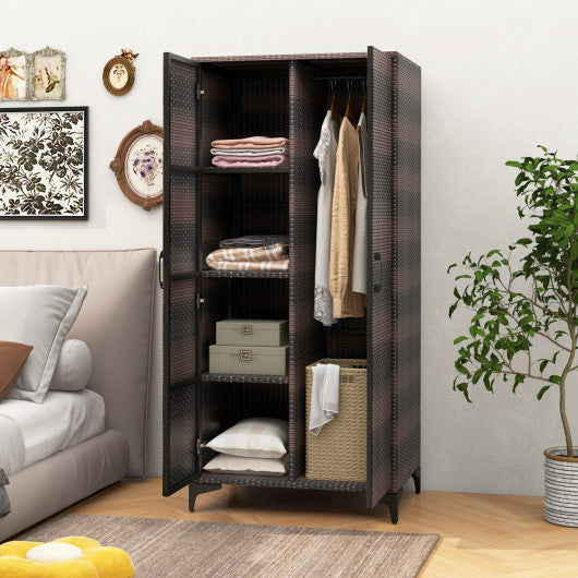 62 Inch Wicker Wardrobe with 2 Doors PE Rattan Closet with Hanging Rod-Brown