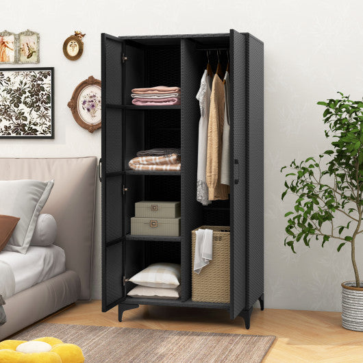 62 Inch Wicker Wardrobe with 2 Doors PE Rattan Closet with Hanging Rod-Black
