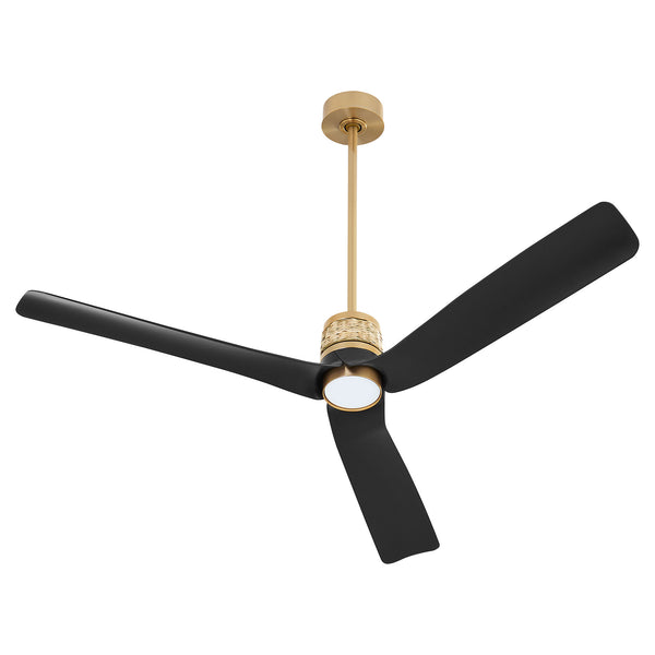 Cyan Design Ceiling fan with black blades and gold accents on a white background