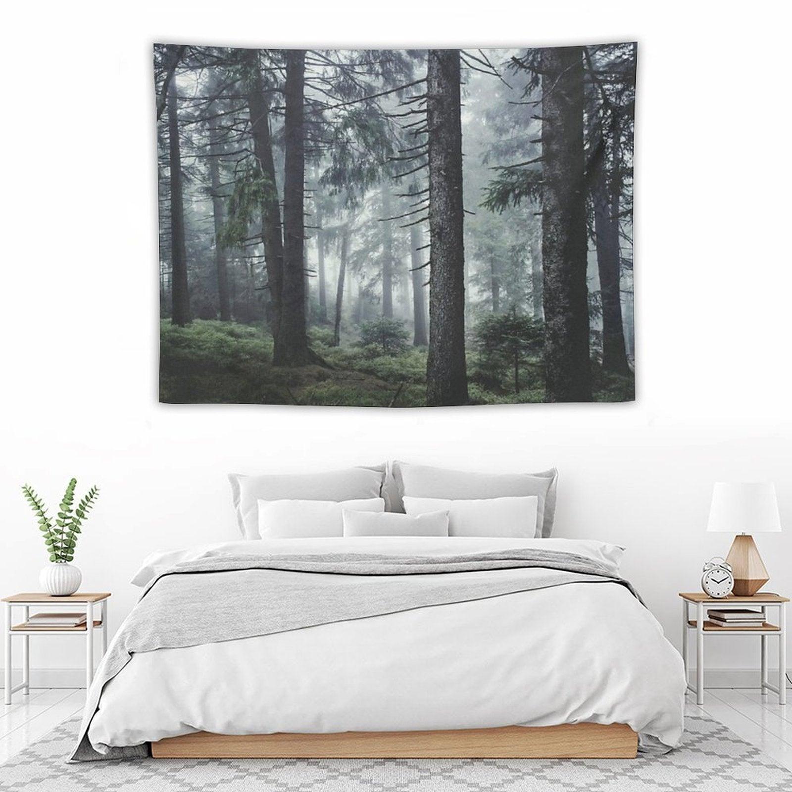 Path Vibes  Wild Romantic Misty Retro Fall Wilderness Fairytale Forest With Cascadia Trees Covered In Magic Blue Fog Season Tapestry