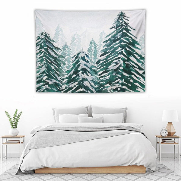 Hand Painted Snowy Pine Forest Green Tapestry