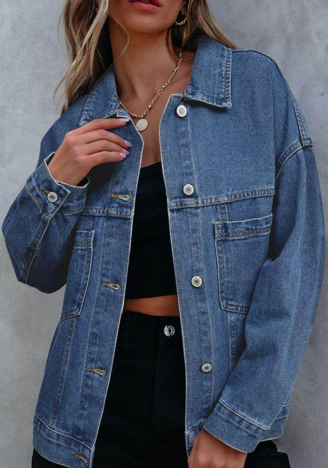 Stylish Pocketed Button Up Denim Jacket for Women