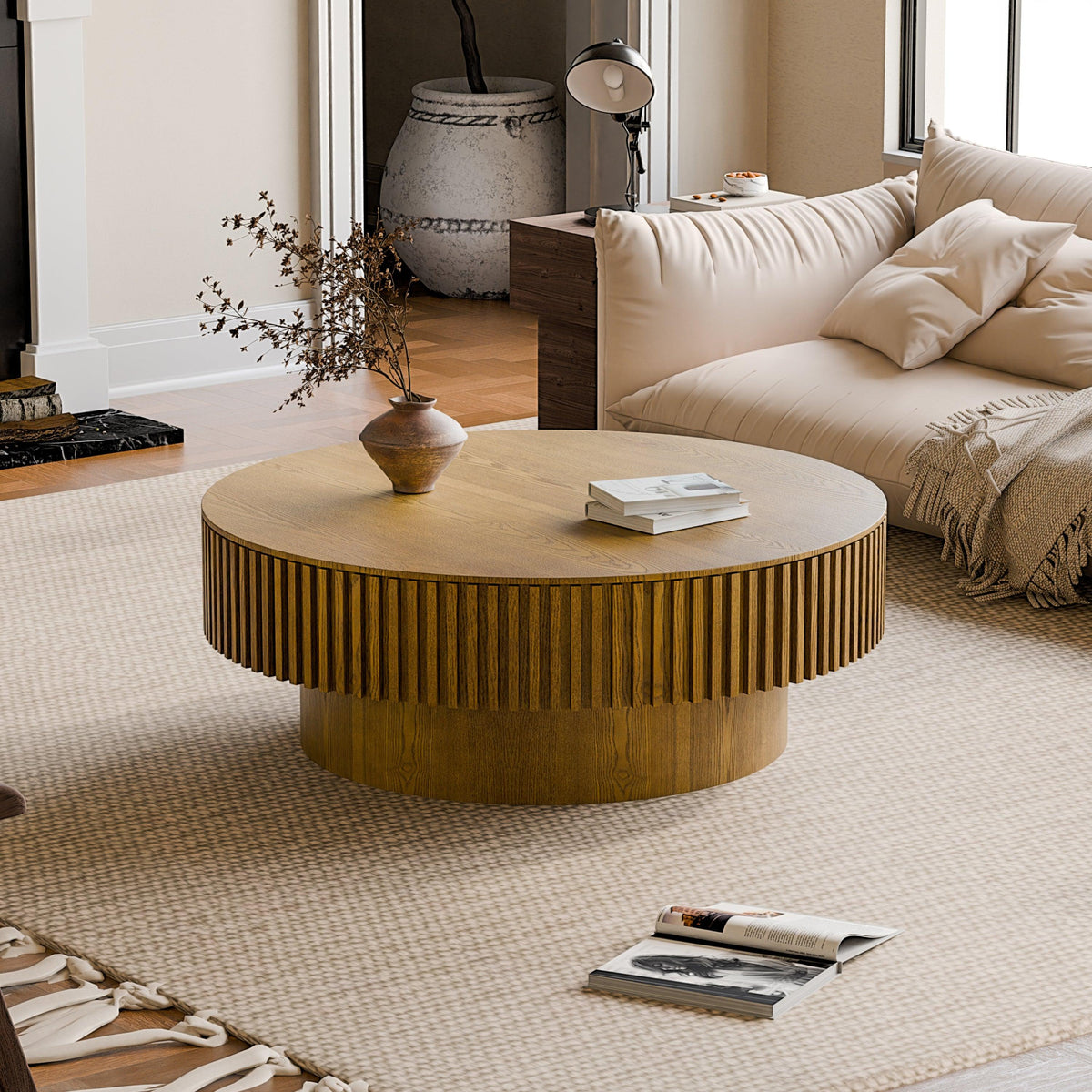 Modern Brown Round Mushroom Coffee Table with Hidden Storage