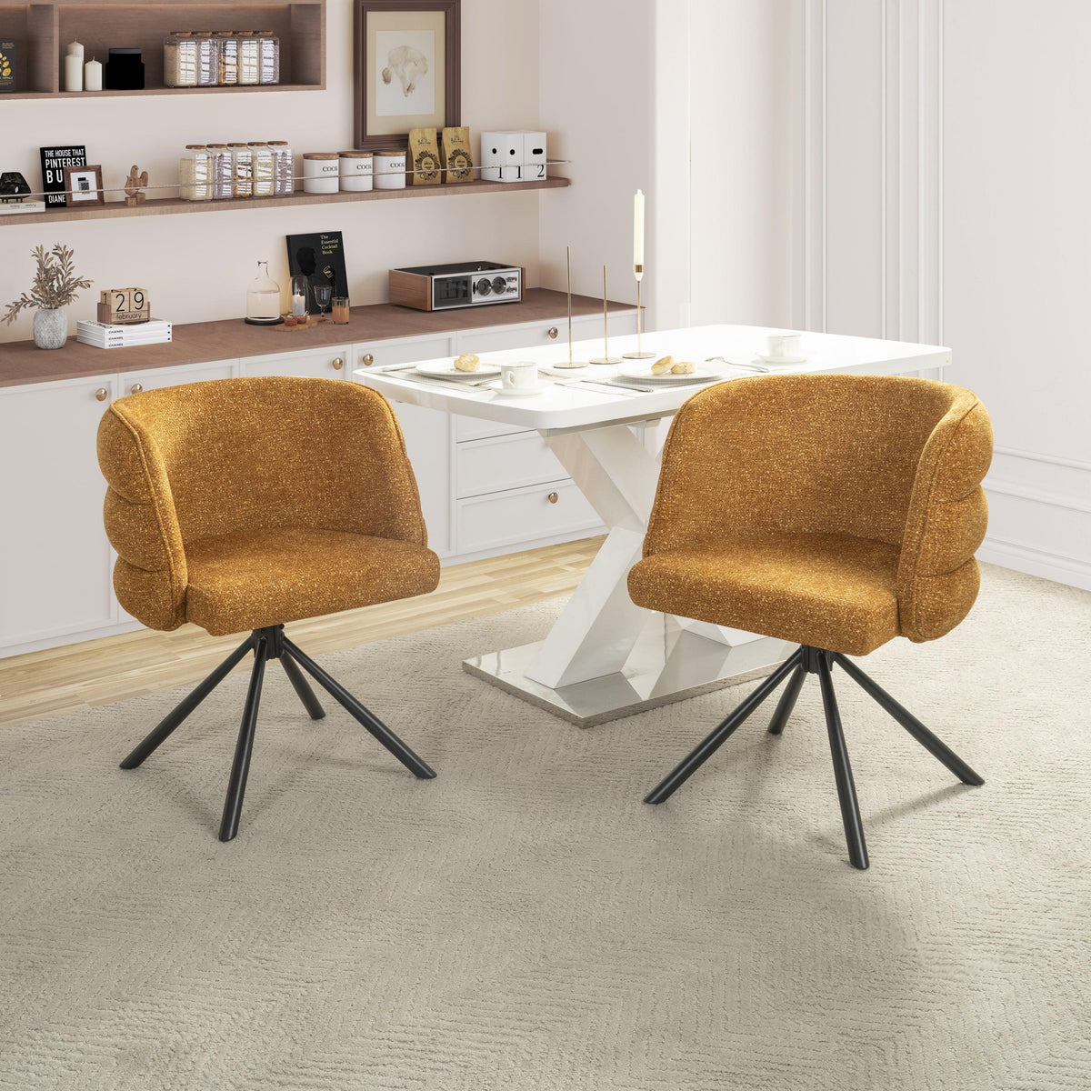 Modern 270° Swivel Upholstered Desk Chairs Set of 2 in Orange, Chenille Fabric with Metal Base for Home Office, Bedroom, Or Living Room