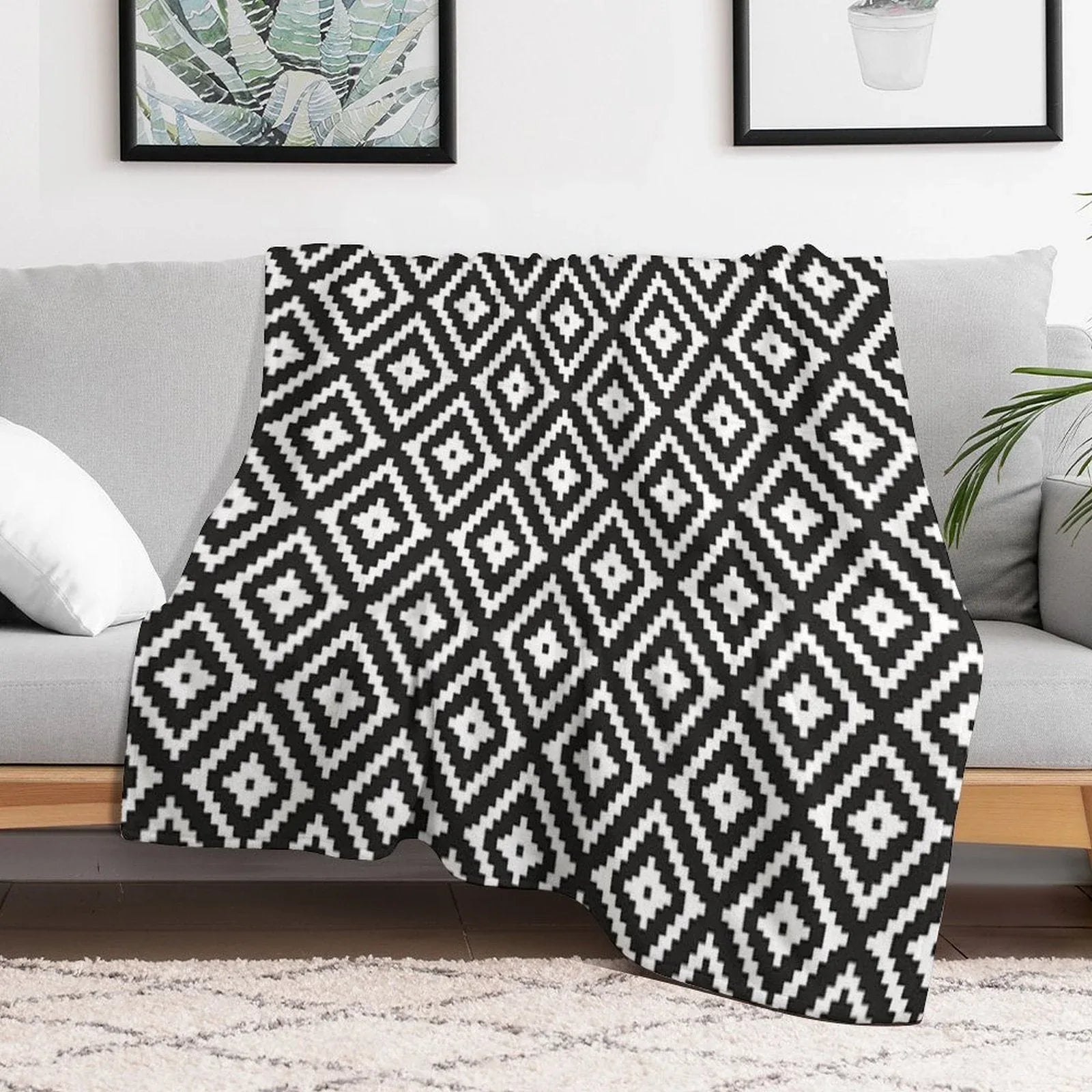 Aztec - White on Black Throw Blanket
