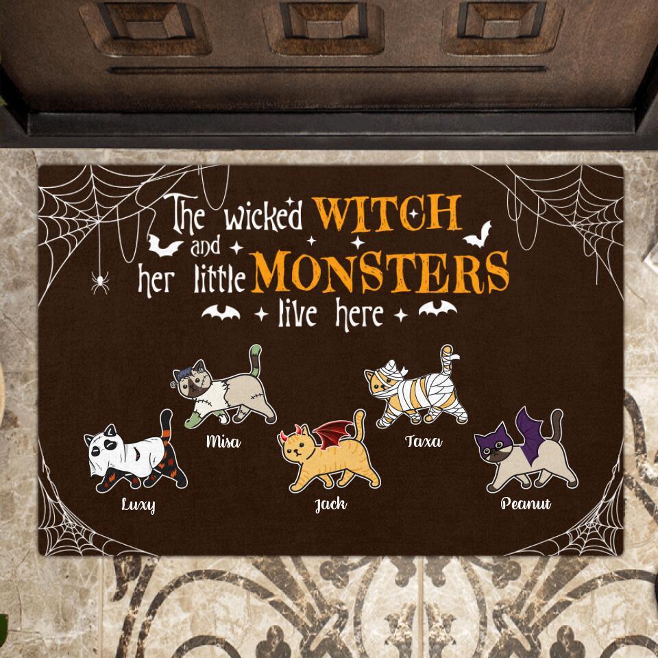 Personalized Halloween Cats Doormat - Up to 5 Cats - Wicked Witch And Monster Cats Live Here Halloween