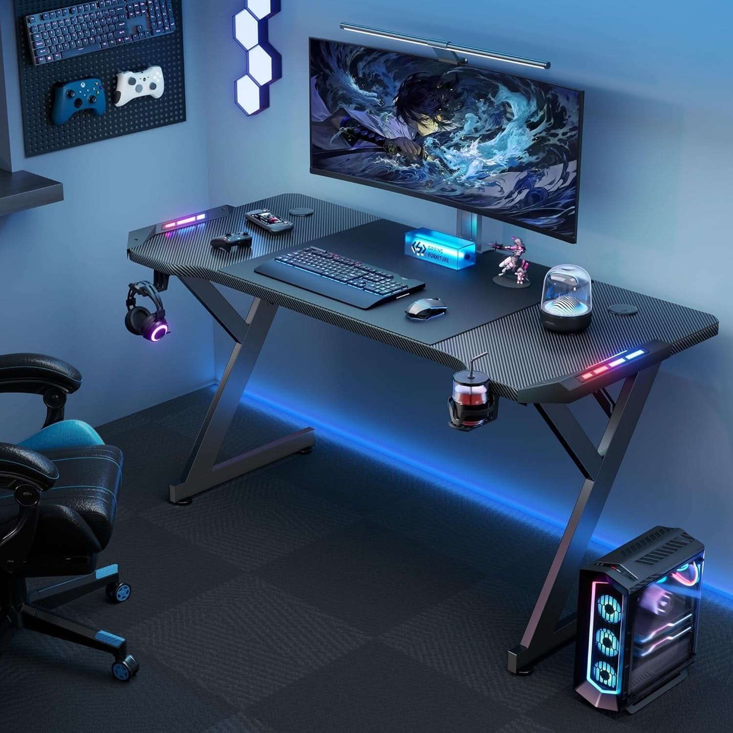 63 Inch Gaming Desk With LED Lights Carbon Fiber Desktop