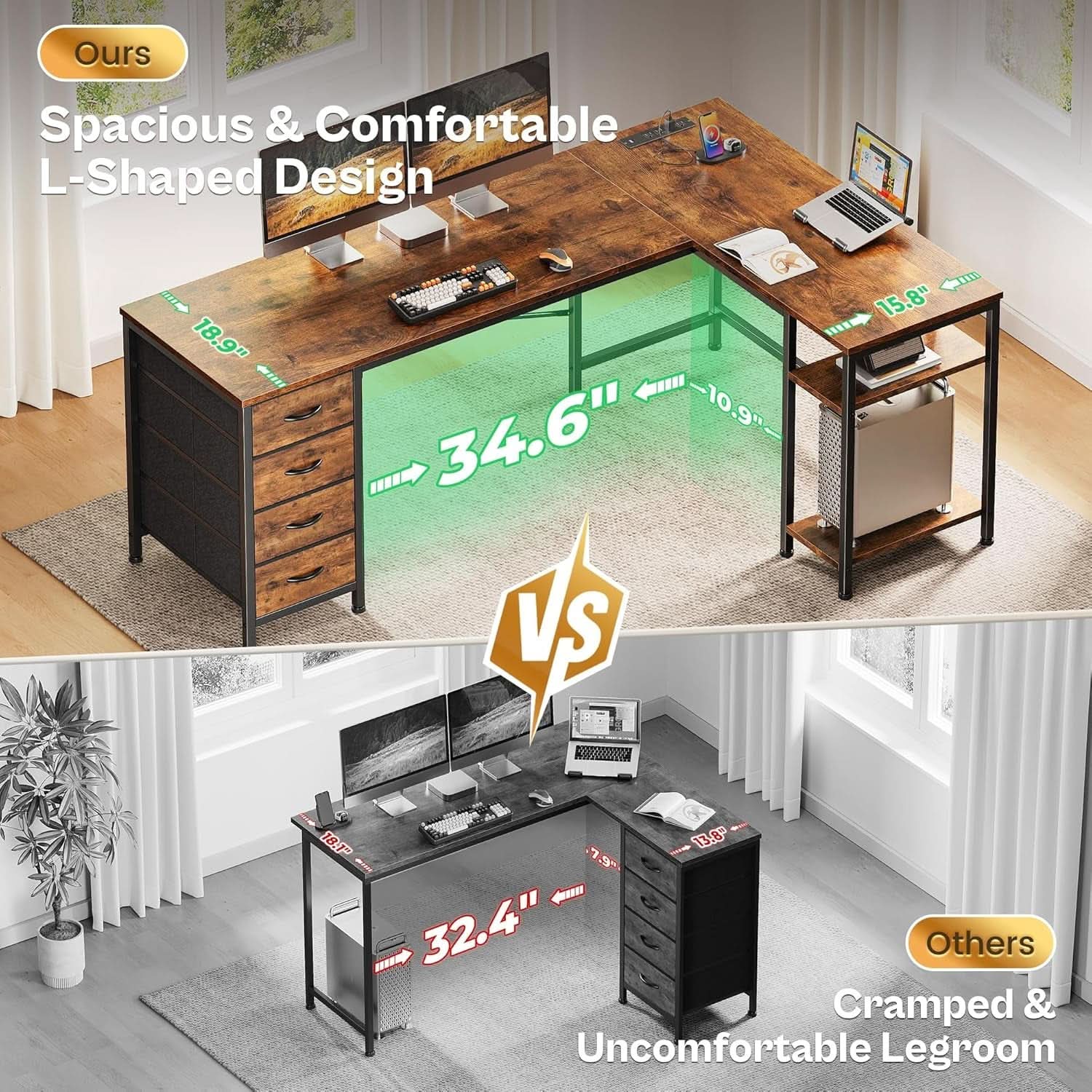 63 Inch L Shaped Desk With Built In Power Outlets And USB