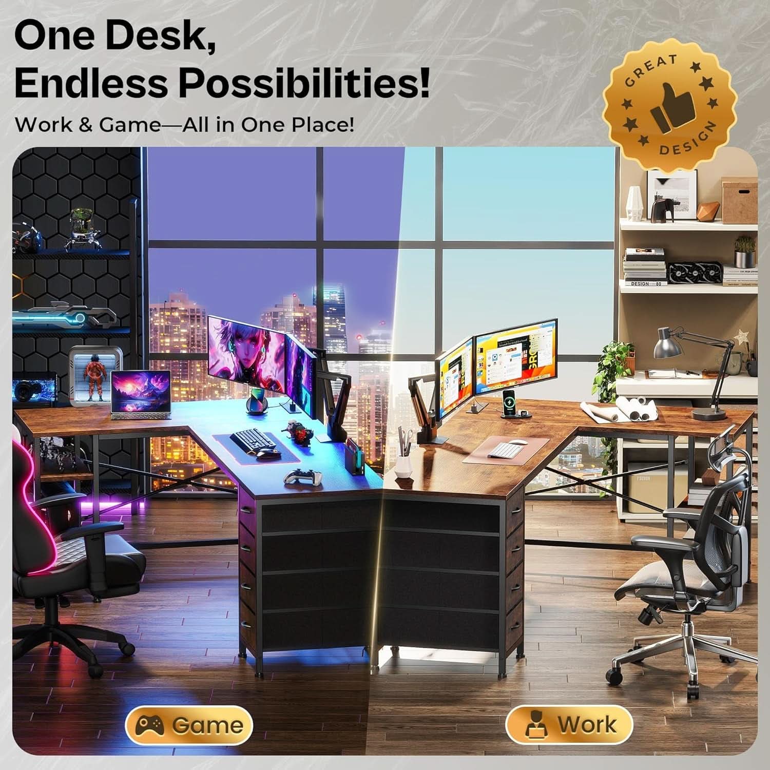 63 Inch L Shaped Desk With Built In Power Outlets And USB