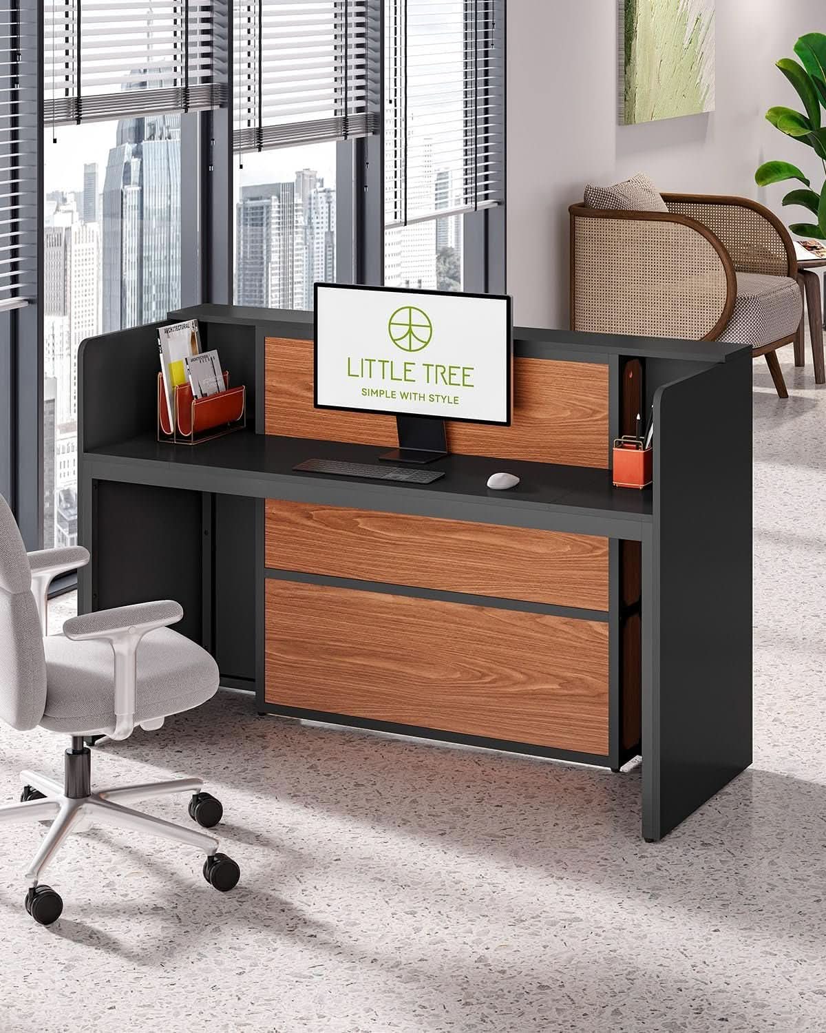 63 Inch Reception Desk Black And Brown Office Counter
