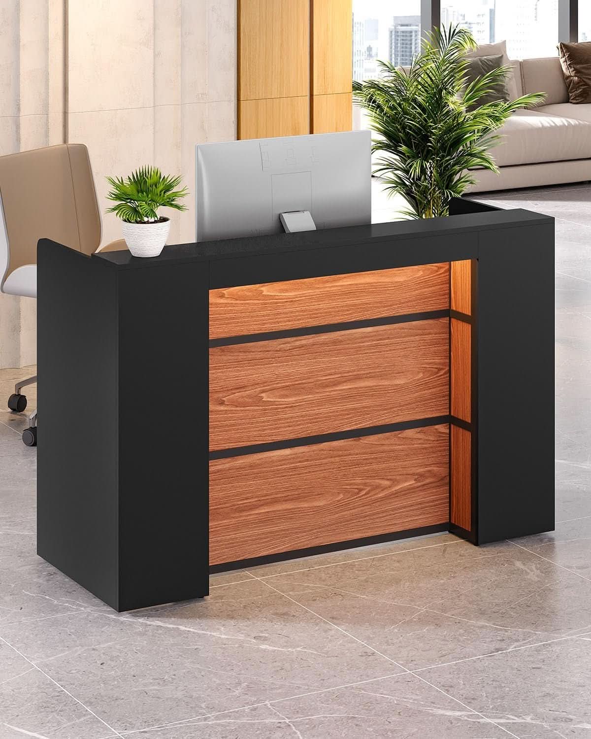 63 Inch Reception Desk Black And Brown Office Counter
